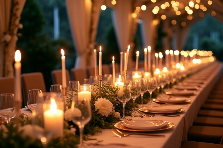 Mesa de banquete de boda decorada con un camino de flores y velas.