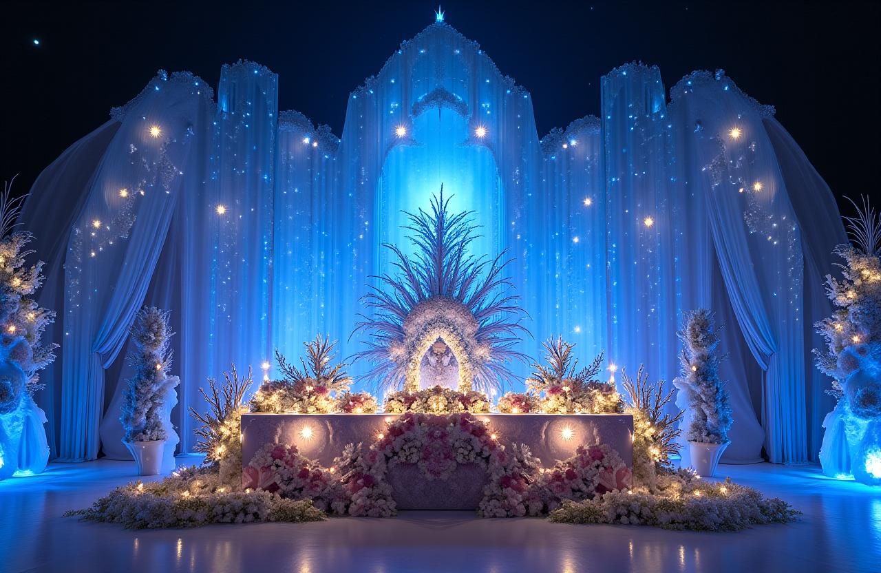 銀河をテーマにした幻想的な結婚式の高砂装花